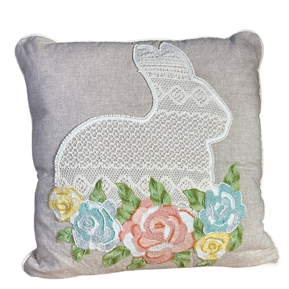 Embroidered Bunny w/Roses Throw Pillow Easter Lace Beaded Removable Cover 17"